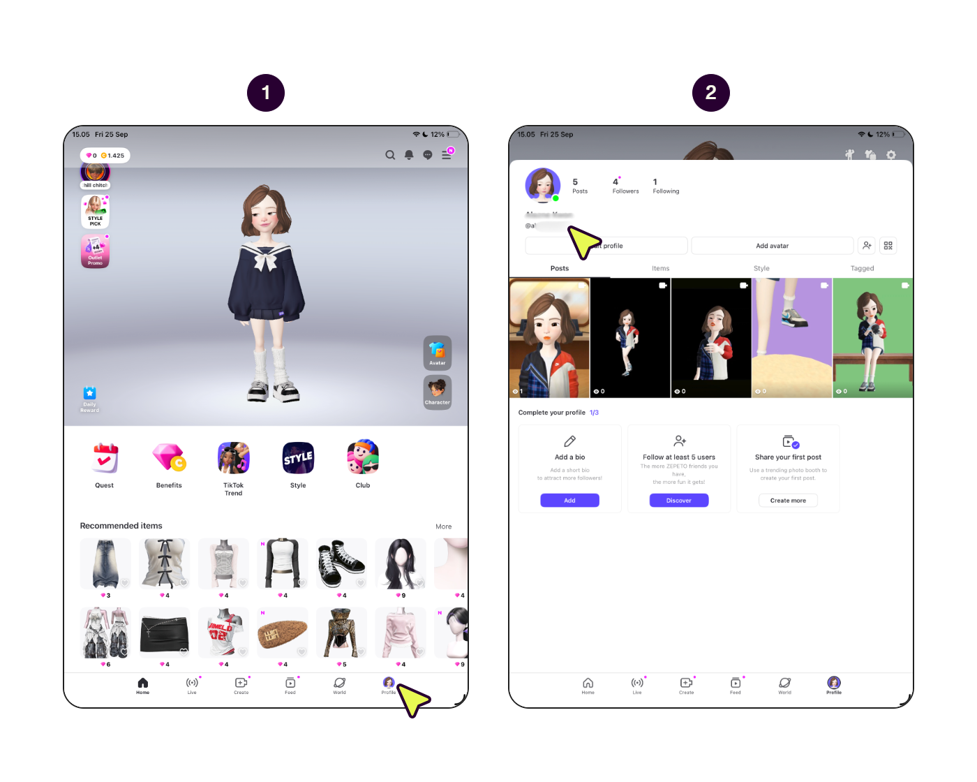 ZEPETO UID ရှာဖွေနည်းကို ပြသထားသည့် အဆင့်ဆင့် ဖန်သားပြင်များ