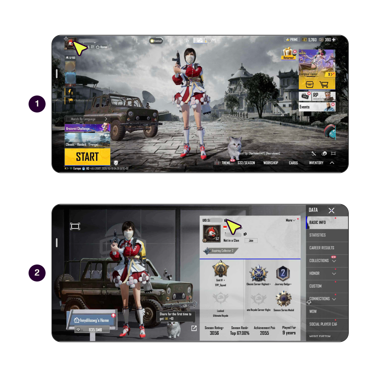 PUBG MOBILE UID ရှာဖွေနည်းကို ပြသထားသည့် အဆင့်ဆင့် ဖန်သားပြင်များ