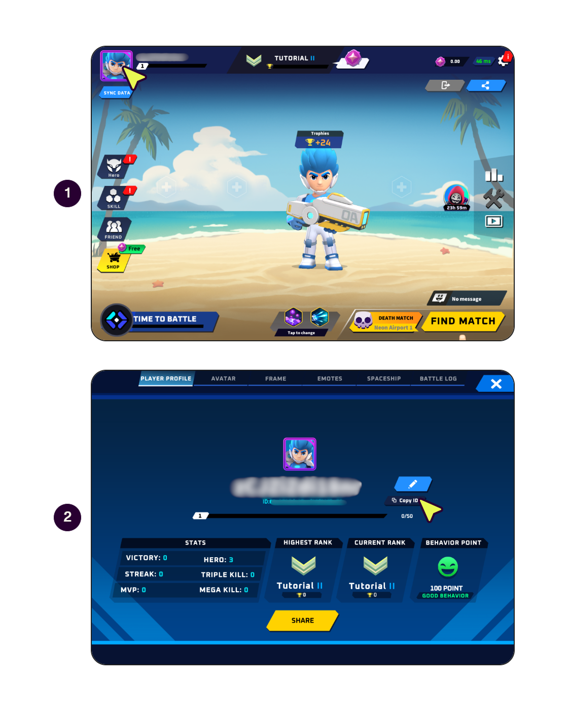Thetan Arena ပင်မစာမျက်နှာမှ Player Profile ကို ဖွင့်ပြီး UID ကို ကူးယူပုံ အဆင့်လိုက်